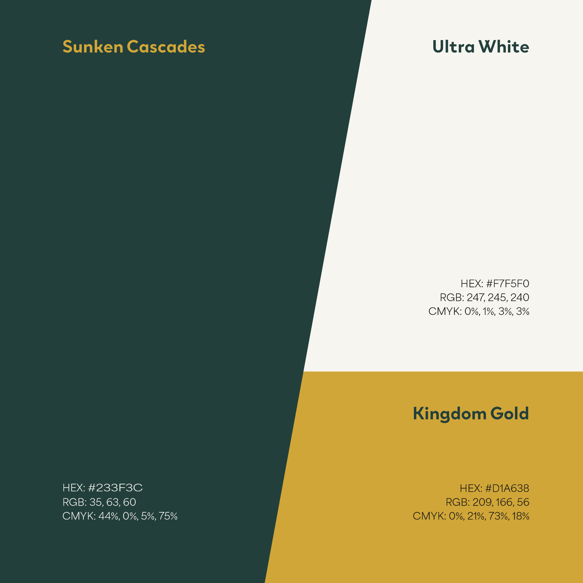 Calibria primary colors: Sunken Cascades, Ultra White, and Kingdom Gold