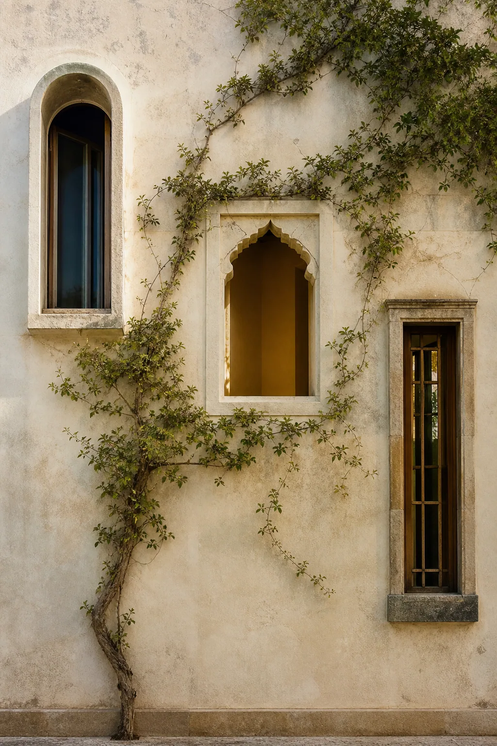 Three distinct architectural openings connected by a climbing vine