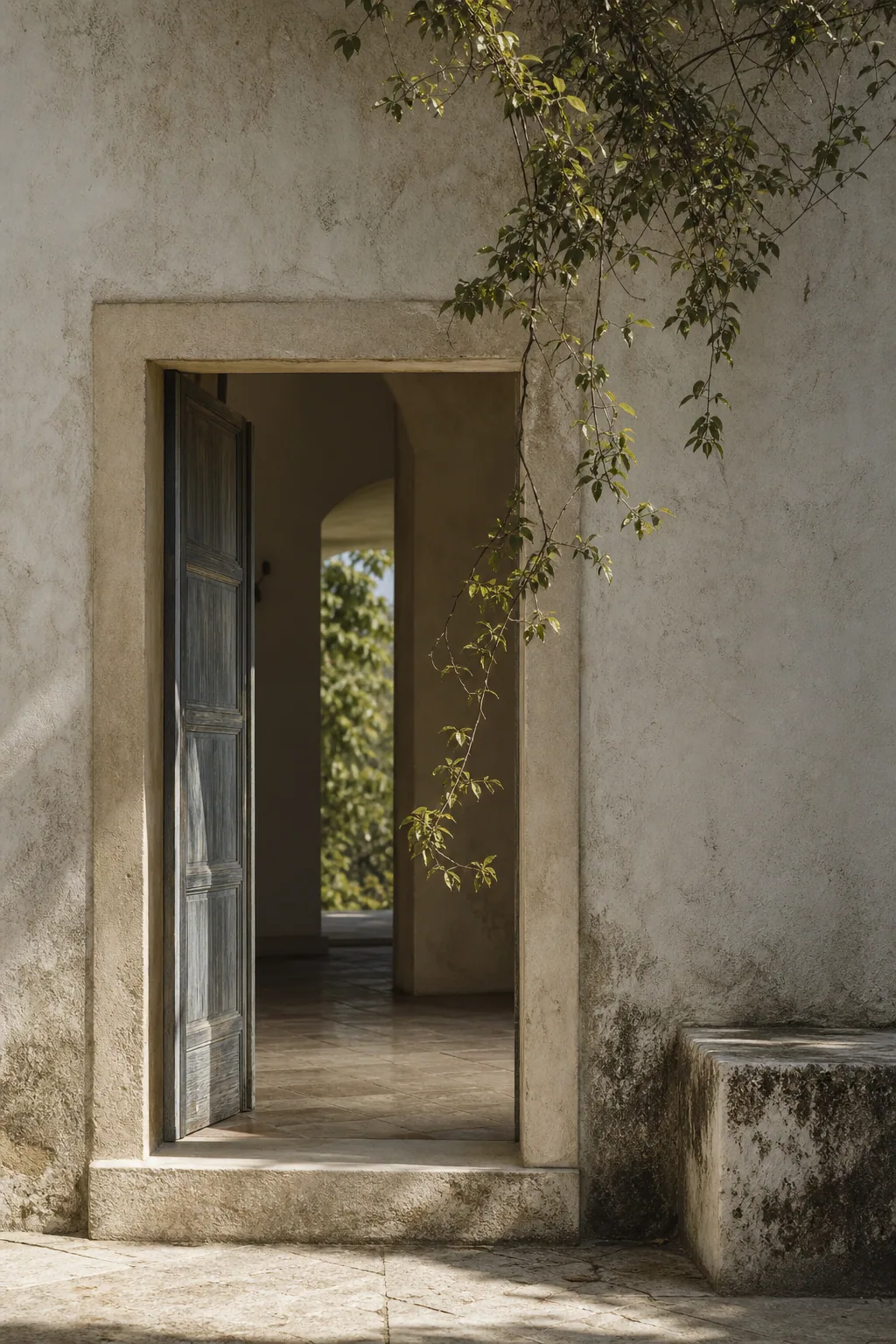 An open doorway in a weathered stucco wall framed by a trailing vine