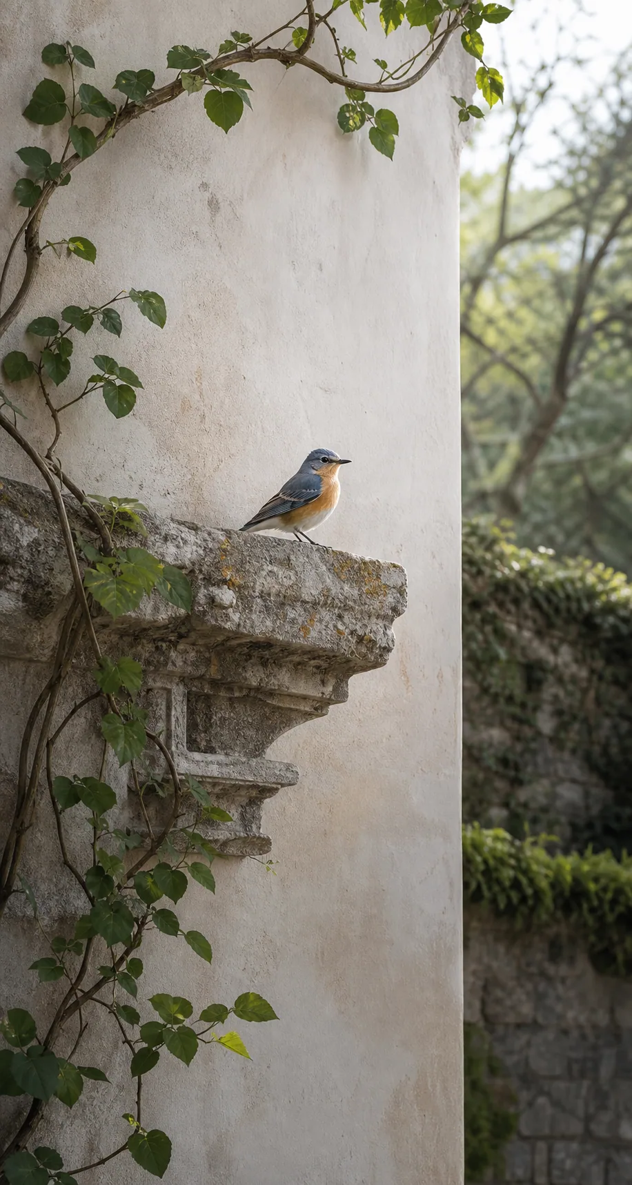 A blue-and-gold songbird perched on weathered stone beside climbing ivy