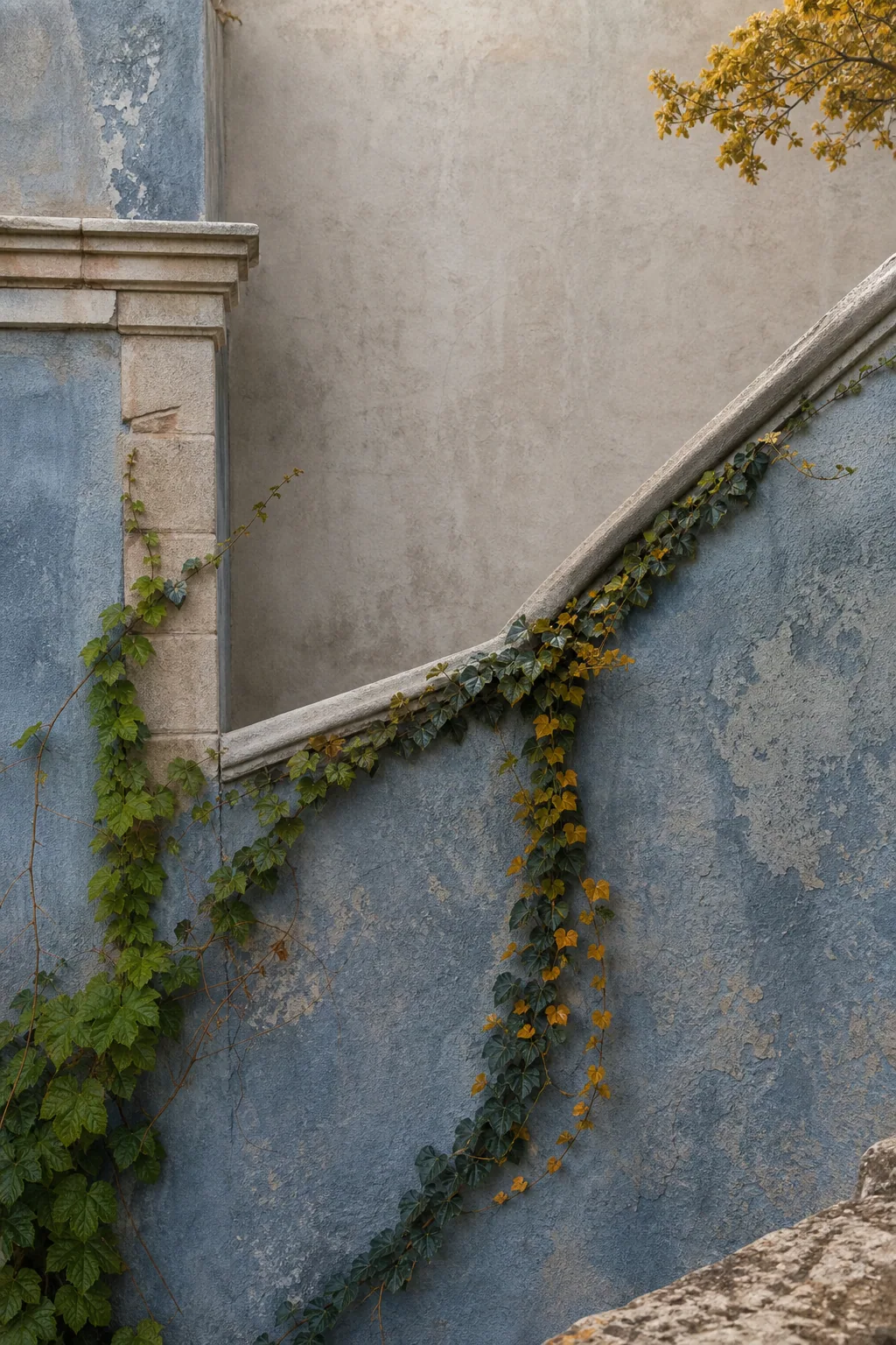 Two vines converging along a weathered blue architectural wall
